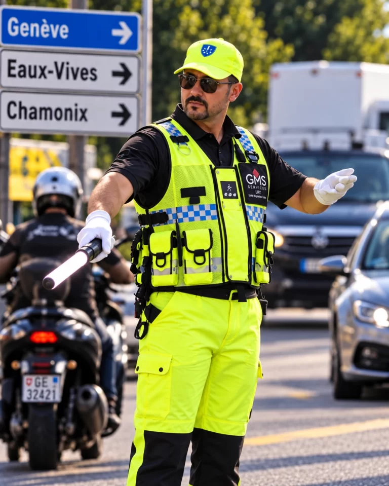 Agent de circulation GMS Services régulant le trafic automobile à Genève avec un bâton lumineux.